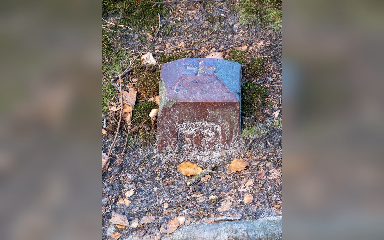 A weathered stone boundary marker embedded in leaf-strewn ground near a wooded slope